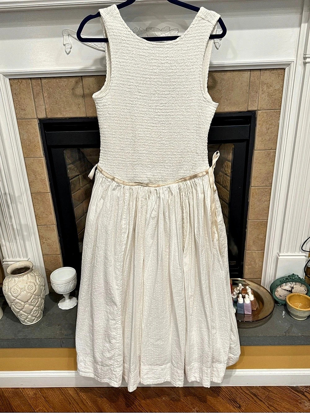Free People Nightingale Seersucker Midi Dress White and Cream Large